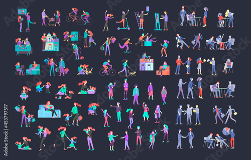 Collection of cartoon people. Family spend time together, happy parents with children. Business team and office workers. Couple at home and people with pets. Vector
