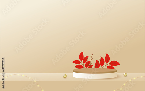 Rounded podium for product display on autumn concept