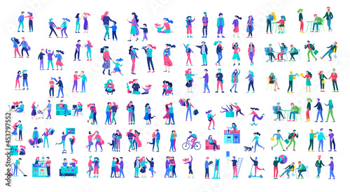 Collection of cartoon people. Family spend time together, happy parents with children. Business team and office workers. Couple at home and people with pets. Vector