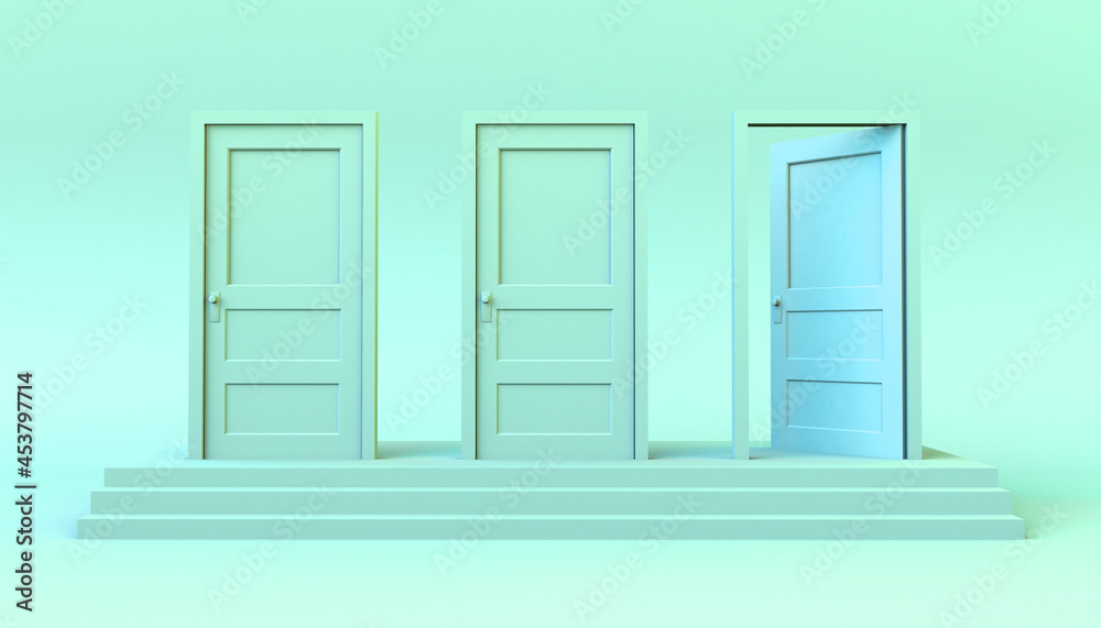 Set of doors closed on steps with one open. 3D illustration. Minimal. Modern.
