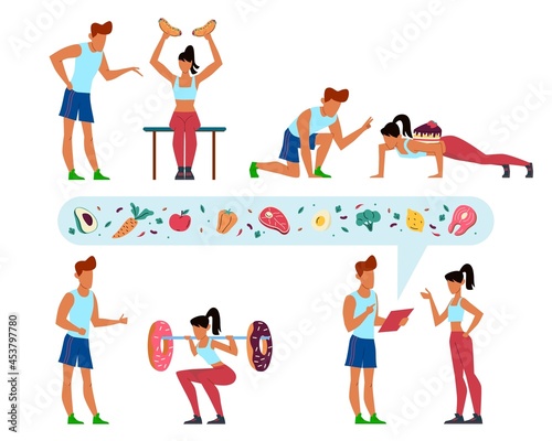 Working off kilocalories. Diet instructions. People training in gym. Trainer teaches woman to workout. Fast food and sweets. Coach talking with sportsmen about meal. Vector concept