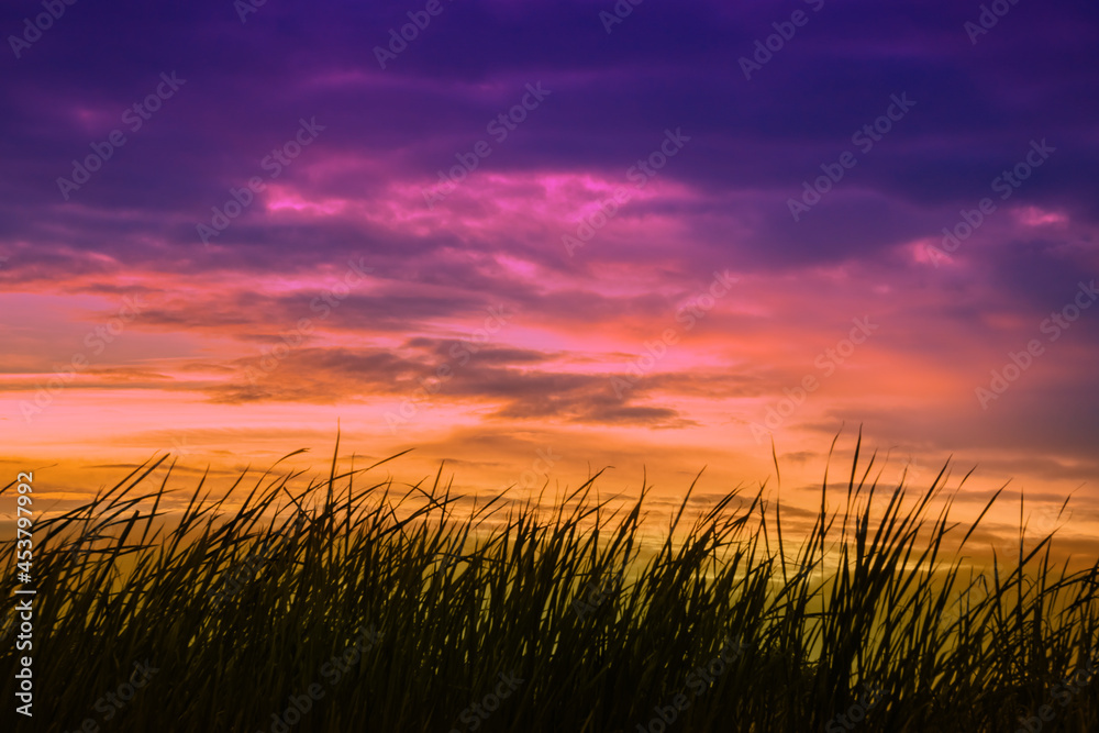 Tropical colorful dramatic sunset with cloudy sky. Sunset or sunrise with clouds.