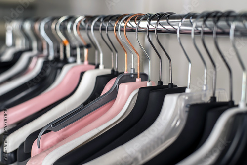 Fashionable different types of hanger. Many plastic hangers on a rod on the rail, in the shop in a clothing store.