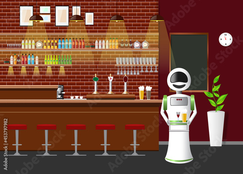 Empty bar counter. Bar beer tap pump, stools, shelves with alcohol bottles and a stunning automatic robot.