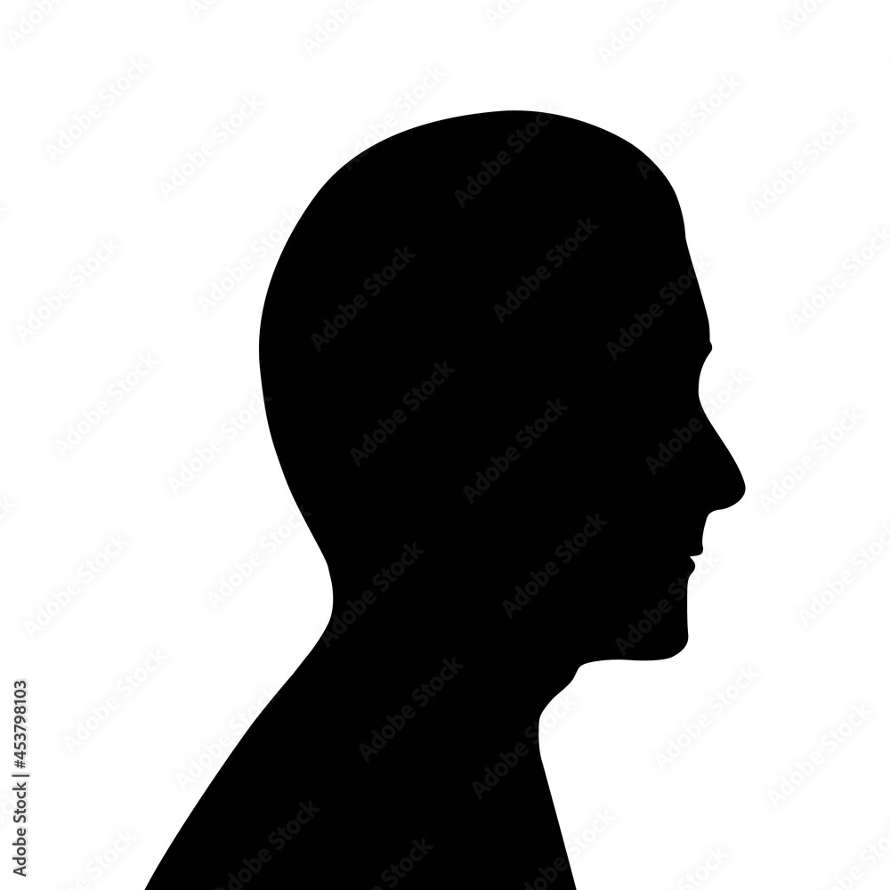 Black silhouette of male head. Profile of man, guy. Middle-aged man with a straight nose and short hair. Anonymous icon. Drawing isolated on white background. Vector illustration. Male face side view Black silhouette of male head. Profile of man, guy. Middle-aged man with a straight nose and short hair. Anonymous icon. Drawing isolated on white background. Vector illustration. Male face side view