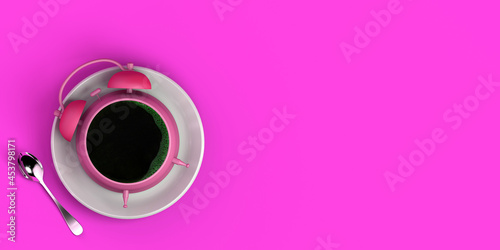 Time to wake up. Coffee clock concept with teaspoon. Banner. 3d illustration.