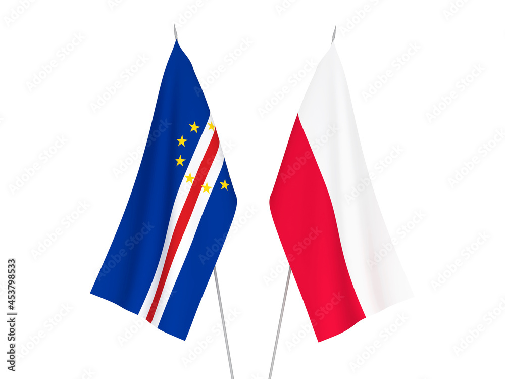 National fabric flags of Republic of Cabo Verde and Poland isolated on white background. 3d rendering illustration.