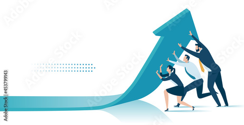 Cooperation Concept - Growth. Increase profit. The business team raises an arrow. Business vector illustration. 