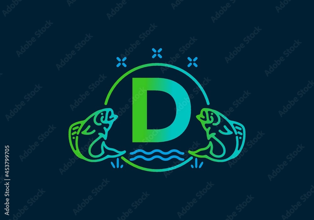 Line art illustration of fish frame with initial letter Line art illustration of fish frame with initial letter