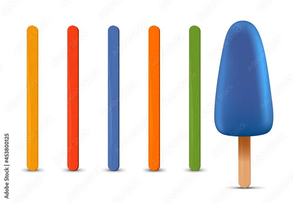 Set of realistic popsicle sticks. Blue ice cream 3D. Vector illustration, summer season. Set of realistic popsicle sticks. Blue ice cream 3D. Vector illustration, summer season.