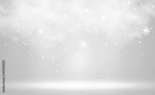 Vector illustration of flying snow on a transparent background.Natural phenomenon of snowfall or blizzard. 