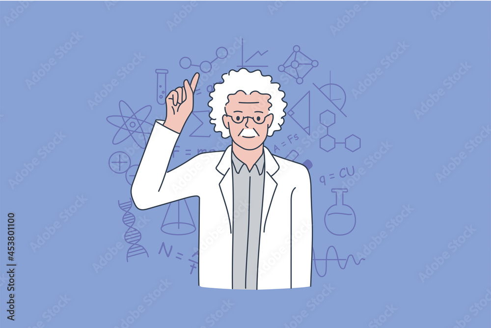 Scientist and physicist practitioner concept. Old grey haired man scientist standing showing finger up over symbols over background vector illustration Scientist and physicist practitioner concept. Old grey haired man scientist standing showing finger up over symbols over background vector illustration