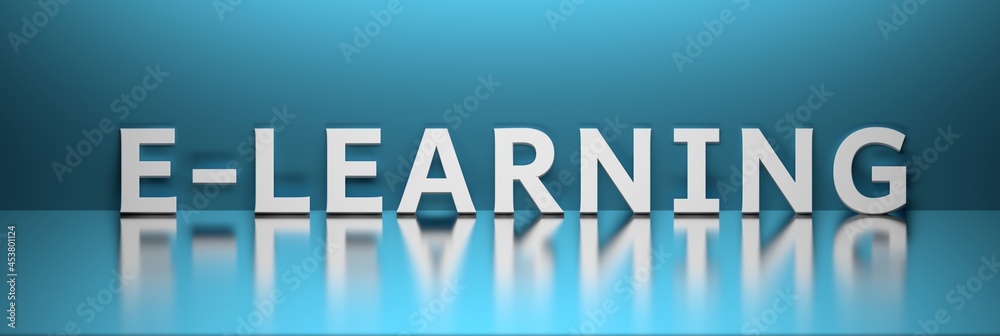 Wide web banner with large bold white word E-learning on blue background