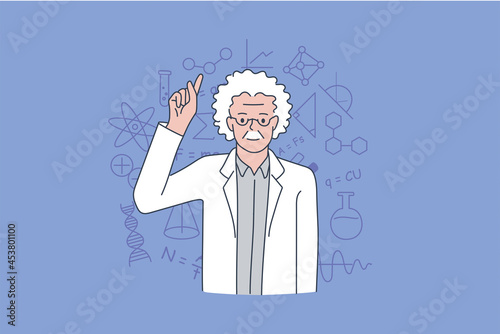 Scientist and physicist practitioner concept. Old grey haired man scientist standing showing finger up over symbols over background vector illustration 