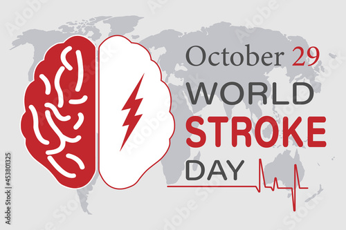 Vector illustration on the theme of the World Stroke Day. October 29. A red and white silhouette of a human brain with a lightning bolt on the background of a world map. Light gray background