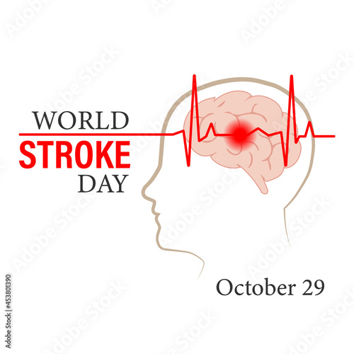 Vector illustration of the World Stroke Day. October 29. A company in the field of healthcare. The contour of the head profile and the silhouette of the human brain with a pulse on a white background.