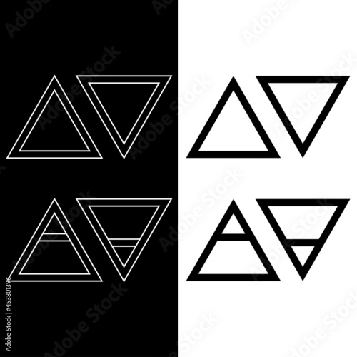 Sign of fire, air, earth, water. Four elements symbols icons set. Elemental magic. Line art. Sacred geometry, alchemy. Isolated symbols on black, white background. Vector illustration