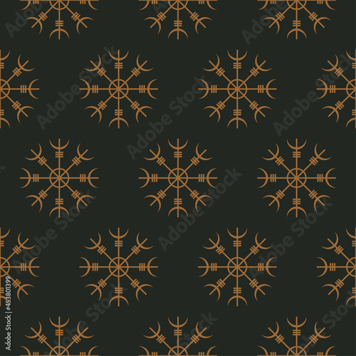 Helm of Awe or helm of terror sign. Icelandic symbol of protection and victory. Seamless pattern. Esoteric, witchcraft. Golden object on green background. Vector illustration