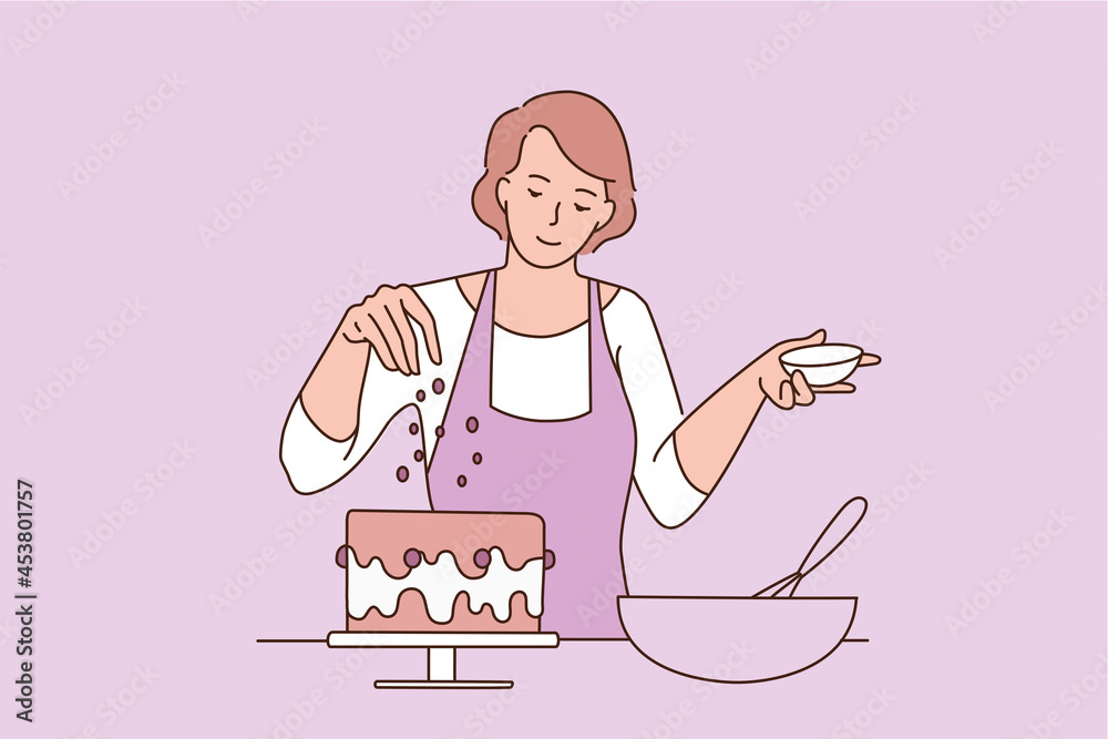 Baking and sweet food concept. Young smiling woman baker in apron standing adding decorations to freshly baked cake vector illustration 