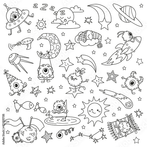 Cartoon little aliens in space. Doodle illustration coloring page