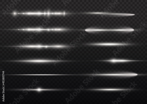 Horizontal light rays, flash white line beams.