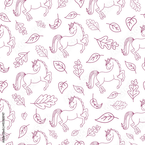 Seamless texture, sleeping unicorns and autumn leaves. For background, fabric, textiles, wallpaper, wrapping paper.