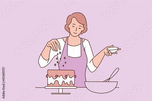 Baking and sweet food concept. Young smiling woman baker in apron standing adding decorations to freshly baked cake vector illustration 