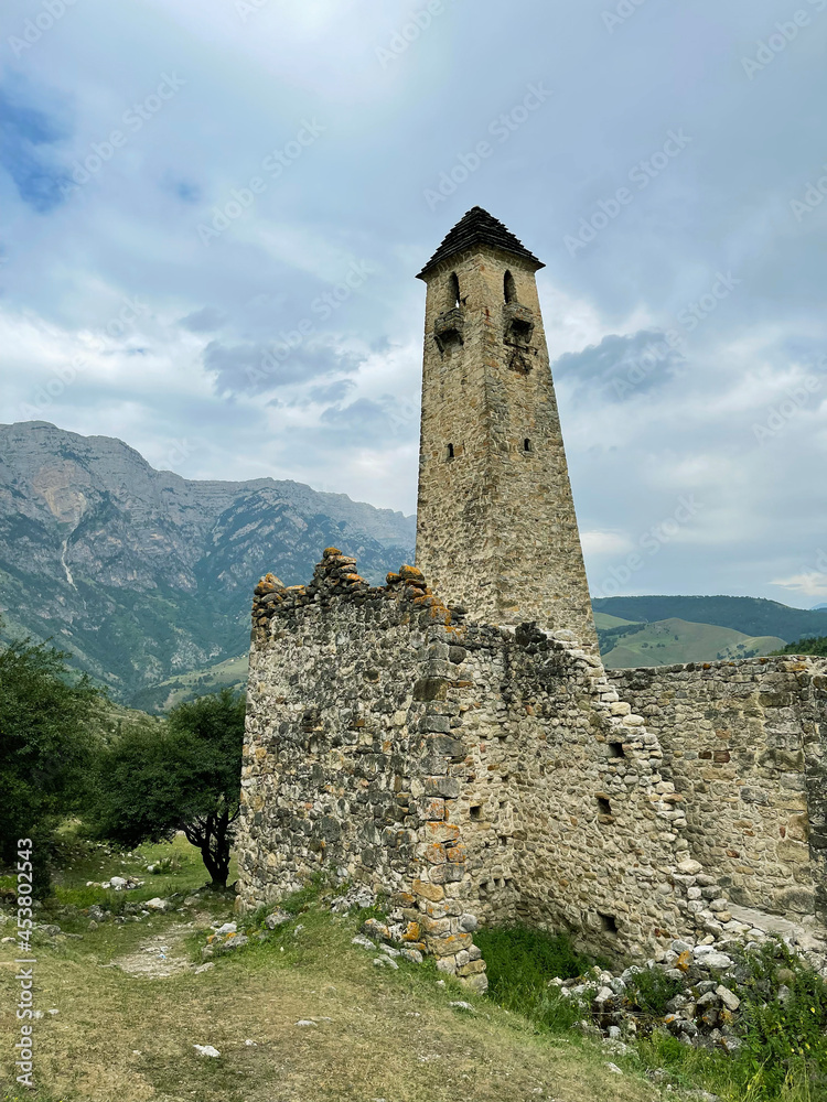 Ancient ruined city in a mountain valley, Ingushetia, Caucasus, Russia