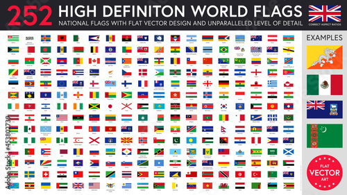 Tablou canvas Highly detailed flat vector illustration of a set of 252 flags of the world with names and meticulously crafted emblems