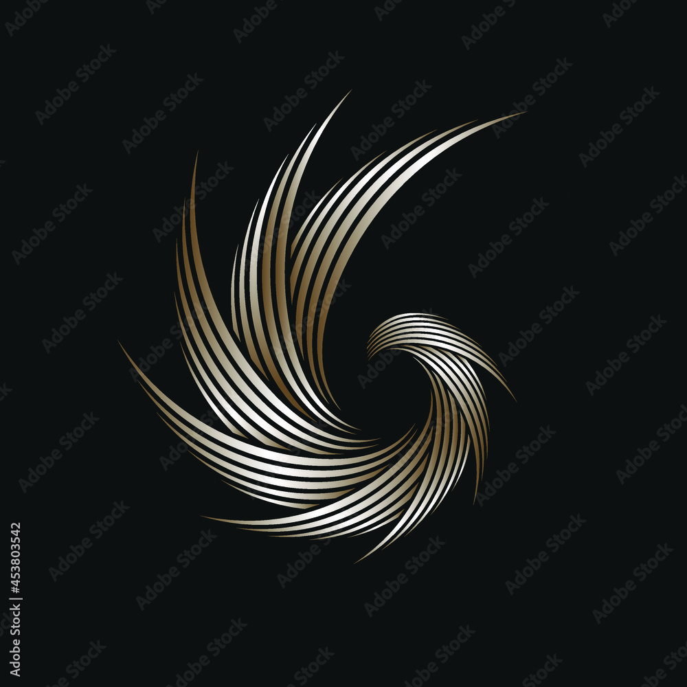 Spiral, swirl logo.Twirl symbol isolated on dark fund.Metallic gold circular icon.Structural design elements.Decorative sign concept.Artistic style vector illustration.