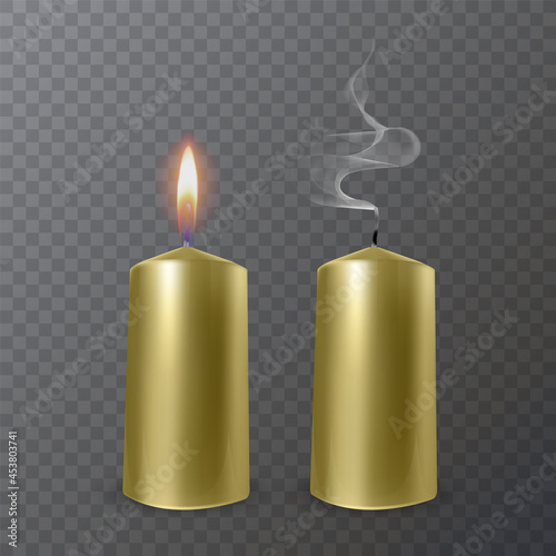 Realistic colorful burning candles isolated on a transparent background. Vector format