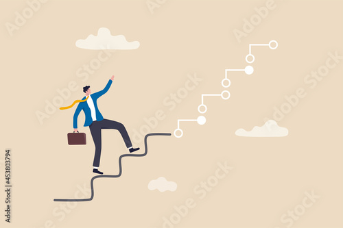 Digital transformation, company use technology and innovation to optimize workflow and change future concept, businessman corporate leader climbing up analog stair to transform into digital step.