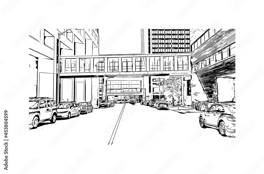 Building view with landmark of Hartford is the capital of Connecticut. Hand drawn sketch illustration in vector.
