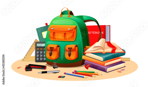 School bag with textbook, notebook, calculator, pencils, books, ruler, pen, highlighter on white background. Concept of back in school. Vector graphic illustration