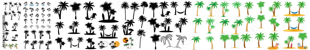  Palm silhouettes. Highly Detailed Palm Trees, Tropical trees for design about nature. A palm tree isolated on white. Black palm trees set isolated on white background.