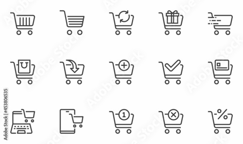 Set of Vector Line Icons Related to Shopping Cart. Online Store, Add Products, Cancel a Purchase. Editable Stroke. 48x48 Pixel Perfect.