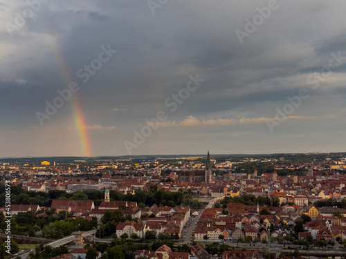 The skyline of Regensburg, Bavaria, Germany with cathedral and rainbow