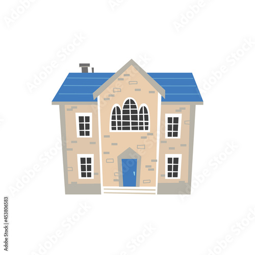 The house is an antique beige color with a blue roof. Vector illustration in cartoon childish style. Isolated funny clipart on a white background. Cute print with classic architecture