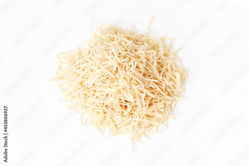 Uncooked Dried Noodles Isolated White Background. Flat Lay.