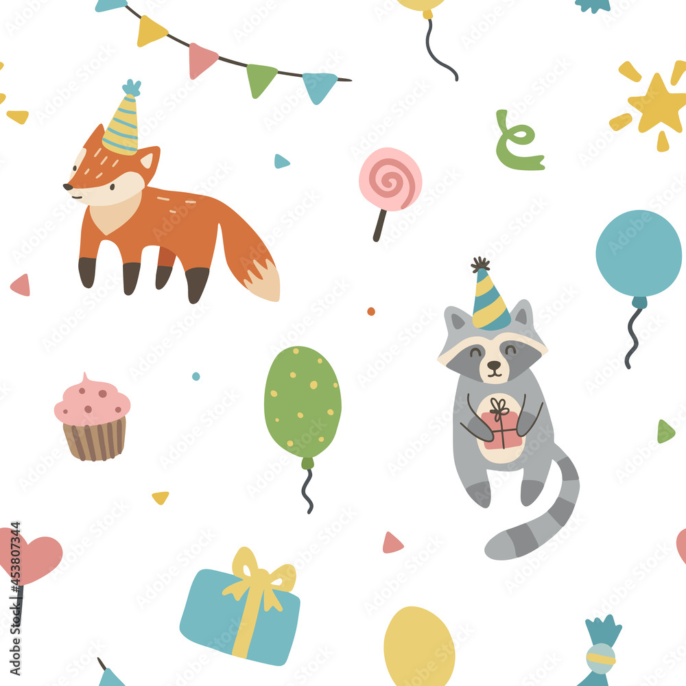 Naklejka premium Funny birthday party animals pattern. Seamless texture for textile, fabric, apparel, wrapping, paper, stationery.