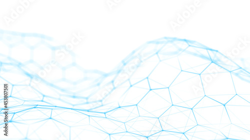 Blue wave conection dots and lines on white background. Abstract technology background. Science background. Big data. 3d rendering. Network connection. Hexagon. photo