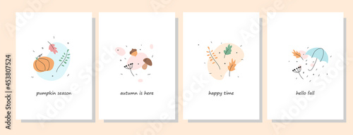 Autumn mood greeting card poster template. Welcome fall season thanksgiving invitation. Minimalist postcard nature leaves, trees, pumpkins, abstract shapes. Vector illustration in flat cartoon style