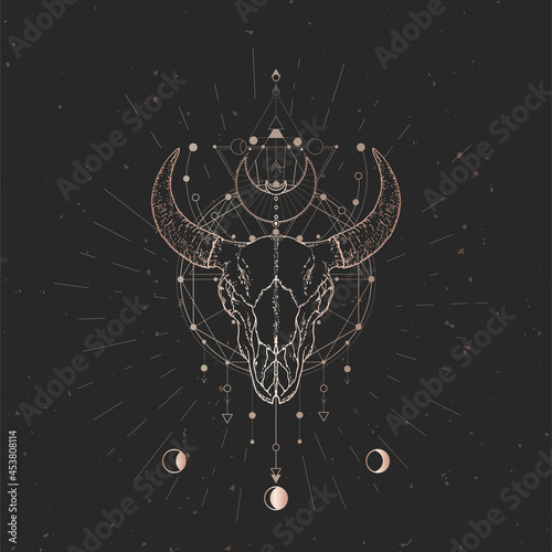 Vector illustration with hand drawn Bull skull and Sacred geometric symbol on black vintage background. Abstract mystic sign.
