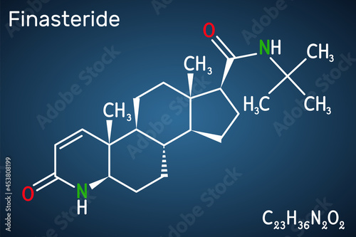 Finasteride molecule. It is used to treat symptoms of benign prostatic hypertrophy and male pattern baldness. Structural chemical formula on the dark blue background