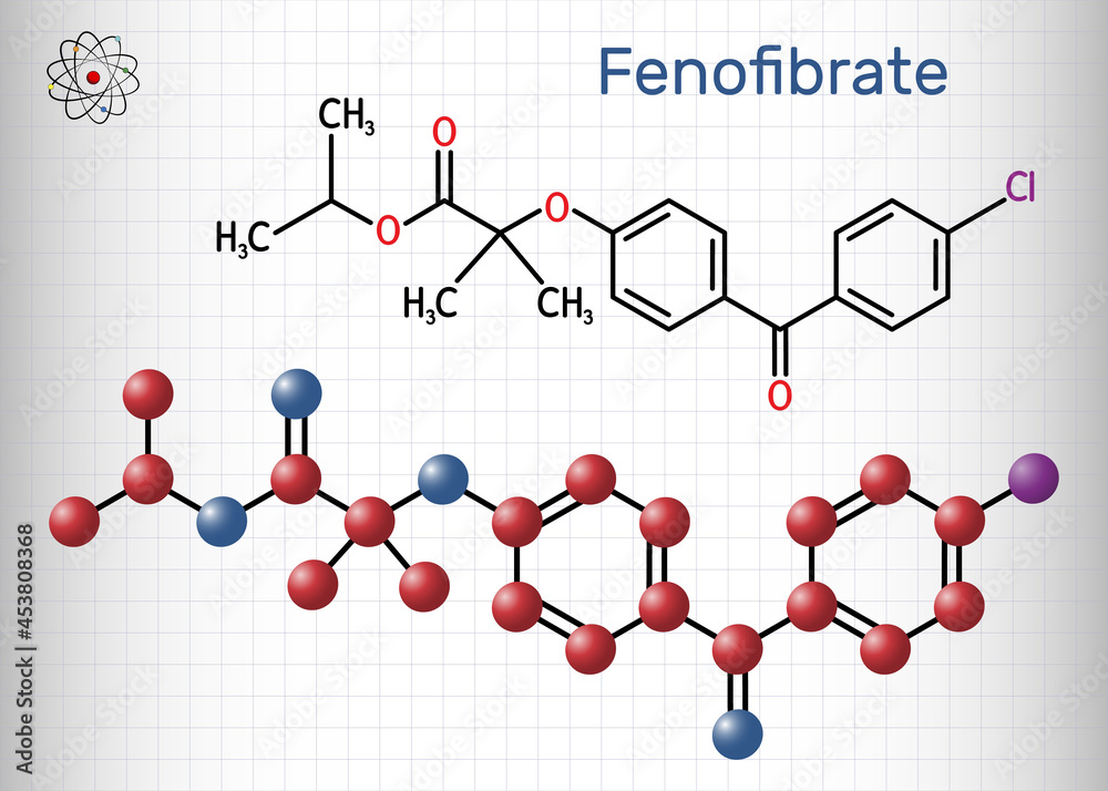 Fenofibrate molecule. It is drug, used to lower cholesterol levels in patients at risk of cardiovascular disease. Structural chemical formula and molecule model. Sheet of paper in a cage Fenofibrate molecule. It is drug, used to lower cholesterol levels in patients at risk of cardiovascular disease. Structural chemical formula and molecule model. Sheet of paper in a cage