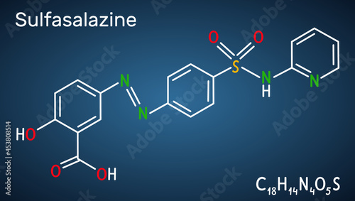 Sulfasalazine molecule. It is azobenzene, used in the management of inflammatory bowel diseases. Structural chemical formula on the dark blue background
