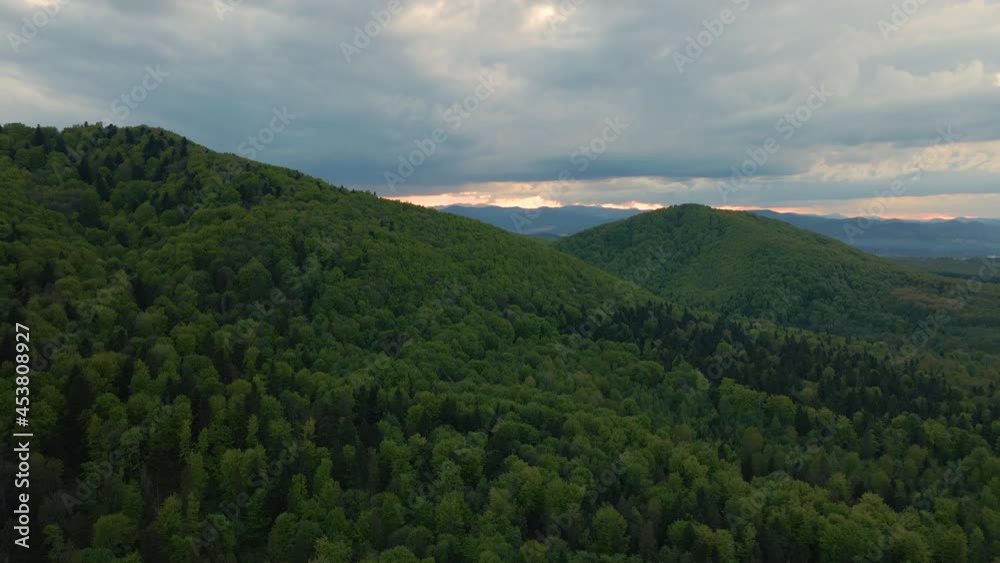 Aerial view of dark mountain hills covered with green mixed pine and lush forest in evening. Aerial view of dark mountain hills covered with green mixed pine and lush forest in evening.