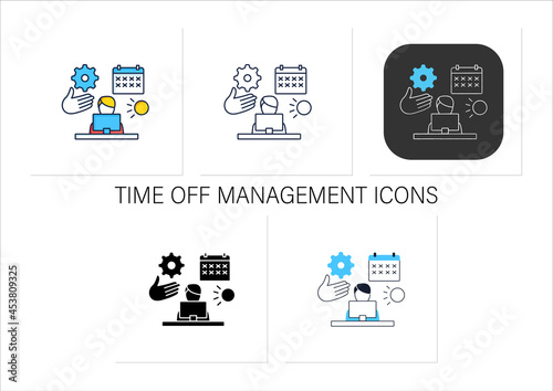 Time off management icons set.Rational time distribution.Schedule, calendar. Employee works on laptop.Talent management.Collection of icons in linear,filled,color styles.Isolated vector illustrations