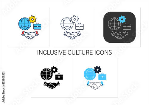 Inclusive culture icons set.Respect,equity,positive differences recognition.Equal employees rights. Talent management.Collection of icons in linear, filled, color styles.Isolated vector illustrations