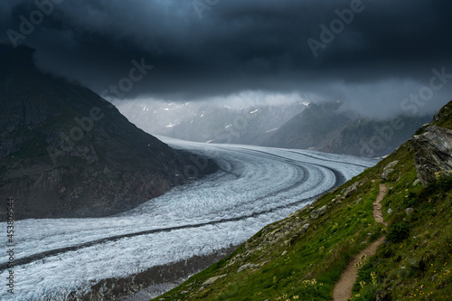 view over the shrinking ice of the mighty Aletsch Glacier in the swiss alps